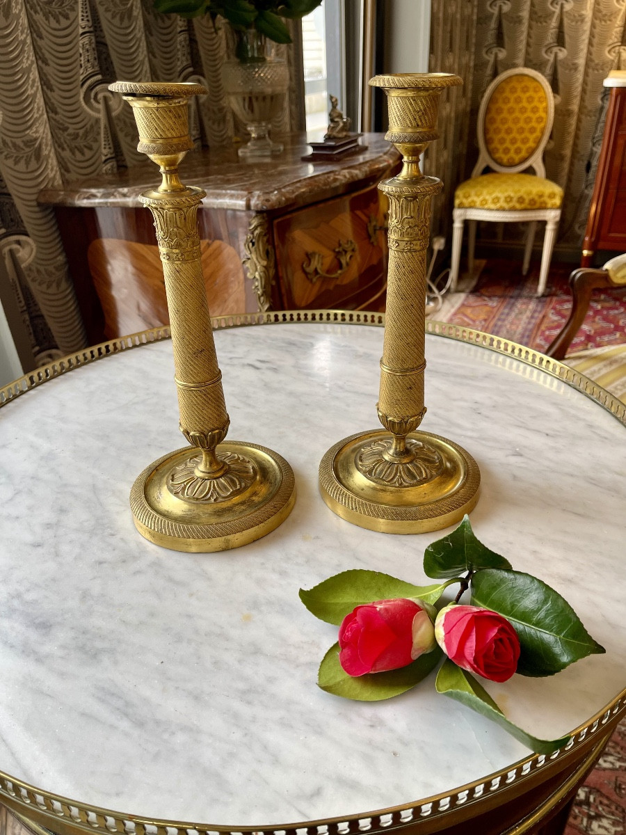 Pair Of Gilt And Chiseled Bronze Candlesticks From The Restoration Period (1815-1824)-photo-2