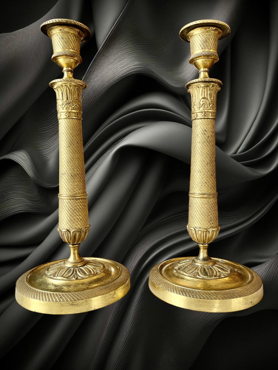 Pair Of Gilt And Chiseled Bronze Candlesticks From The Restoration Period (1815-1824)-photo-3