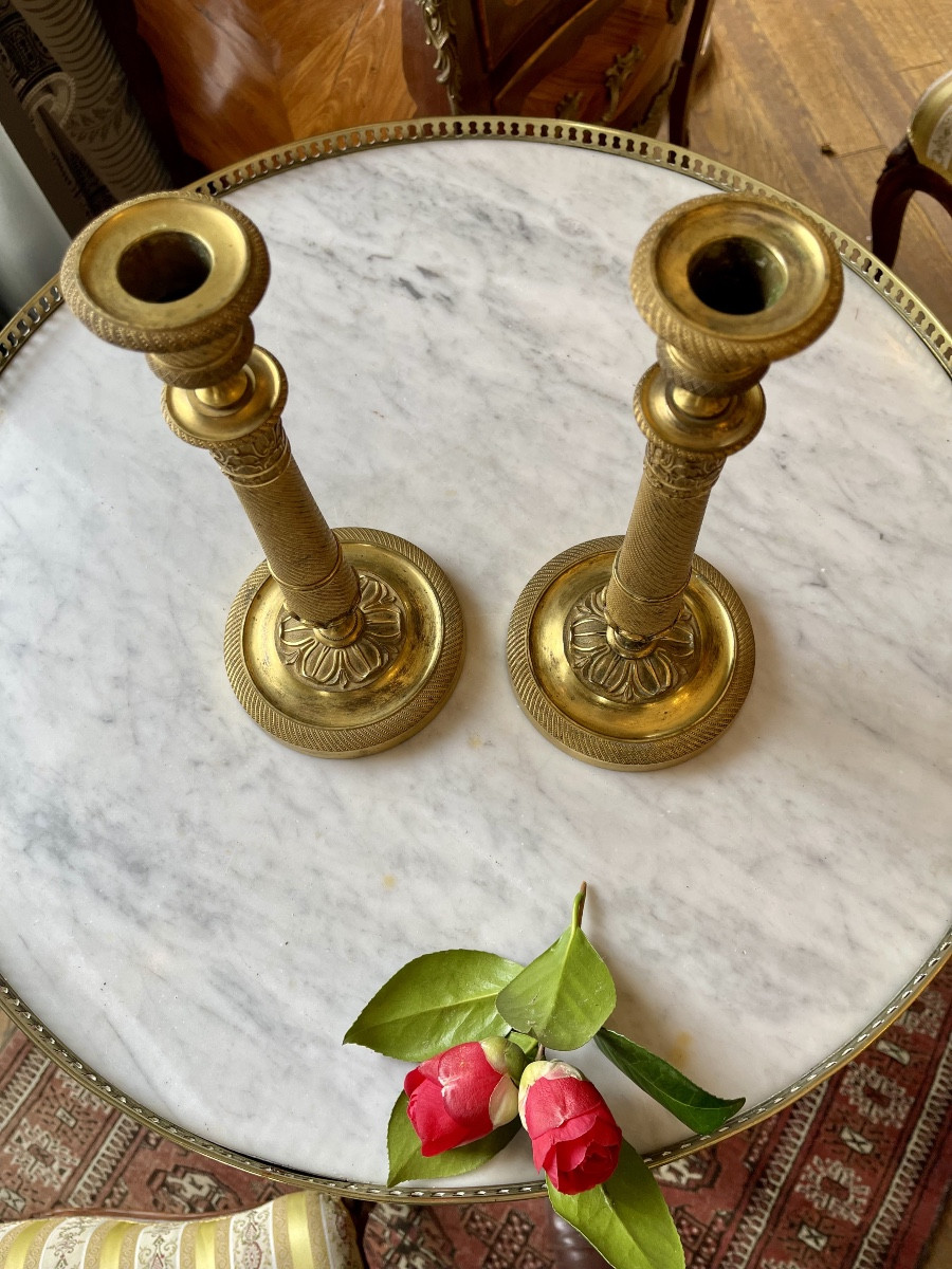 Pair Of Gilt And Chiseled Bronze Candlesticks From The Restoration Period (1815-1824)-photo-4