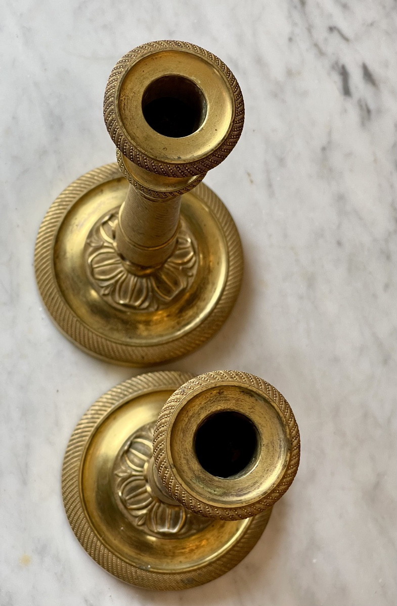 Pair Of Gilt And Chiseled Bronze Candlesticks From The Restoration Period (1815-1824)-photo-1