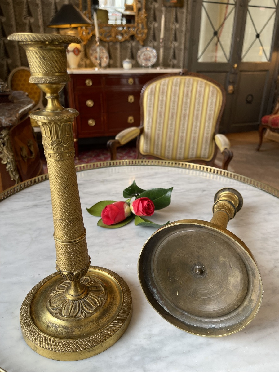 Pair Of Gilt And Chiseled Bronze Candlesticks From The Restoration Period (1815-1824)-photo-2