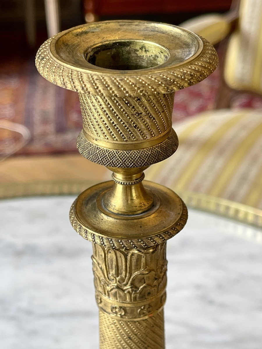 Pair Of Gilt And Chiseled Bronze Candlesticks From The Restoration Period (1815-1824)-photo-3