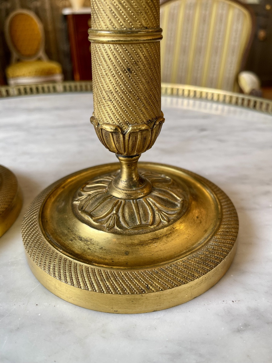 Pair Of Gilt And Chiseled Bronze Candlesticks From The Restoration Period (1815-1824)-photo-4