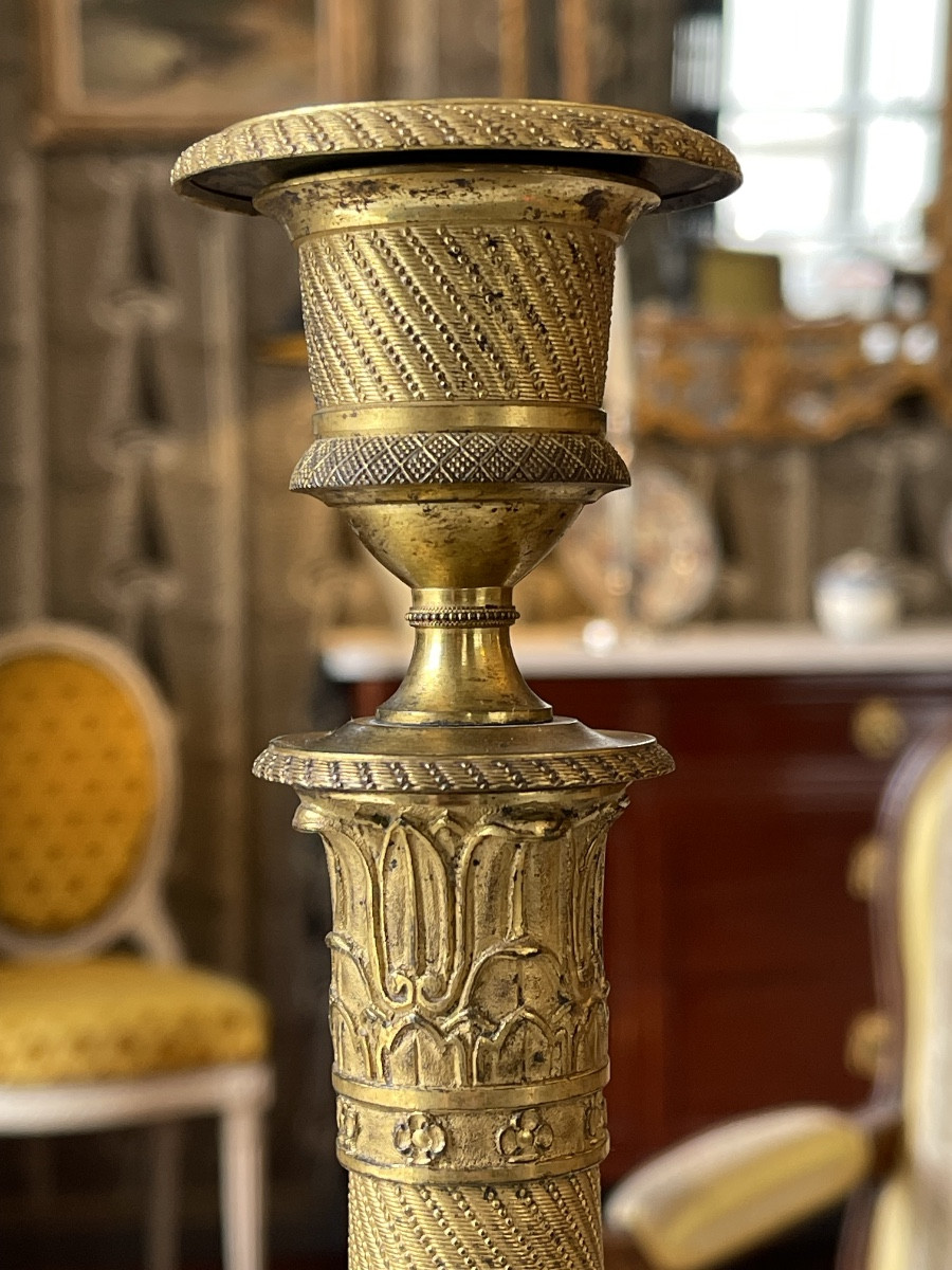 Pair Of Gilt And Chiseled Bronze Candlesticks From The Restoration Period (1815-1824)-photo-5