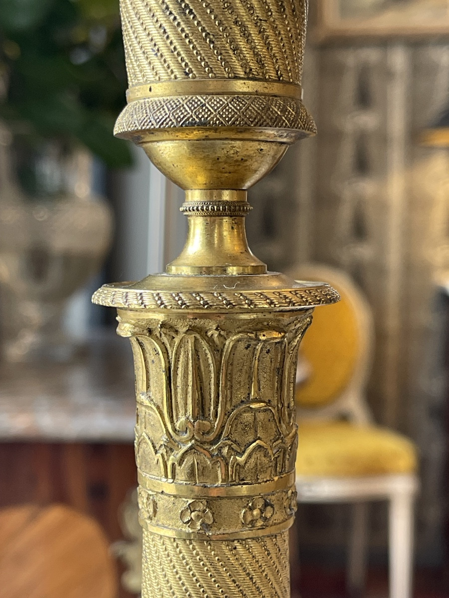 Pair Of Gilt And Chiseled Bronze Candlesticks From The Restoration Period (1815-1824)-photo-6