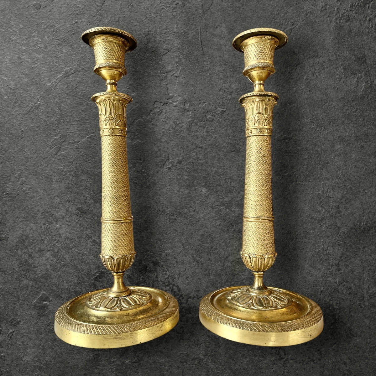 Pair Of Gilt And Chiseled Bronze Candlesticks From The Restoration Period (1815-1824)-photo-7