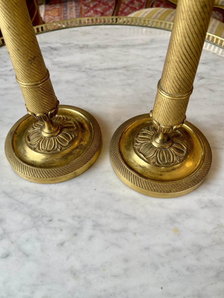 Pair Of Gilt And Chiseled Bronze Candlesticks From The Restoration Period (1815-1824)-photo-8