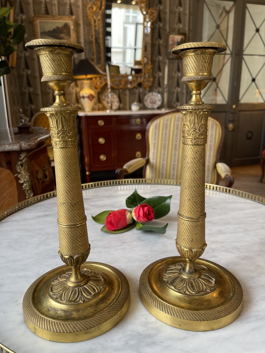 Pair Of Gilt And Chiseled Bronze Candlesticks From The Restoration Period (1815-1824)