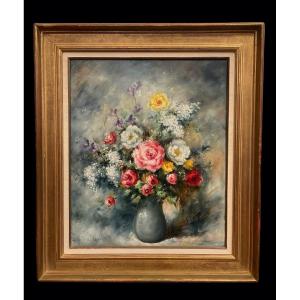 Large Oil On Canvas "peonies" Still Life Signed Claude Valgrand (1936) 