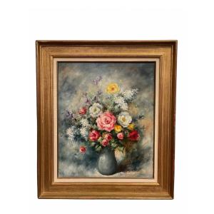 Large Oil On Canvas "peonies" Still Life Signed Claude Valgrand (1936) 