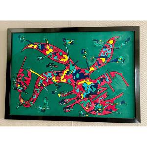 Tableau Grande Gouache colorée par l'artiste Anne Marie Paul (1949 - 2005) Prix de Rome 