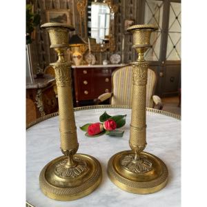 Pair Of Gilt And Chiseled Bronze Candlesticks From The Restoration Period (1815-1824)