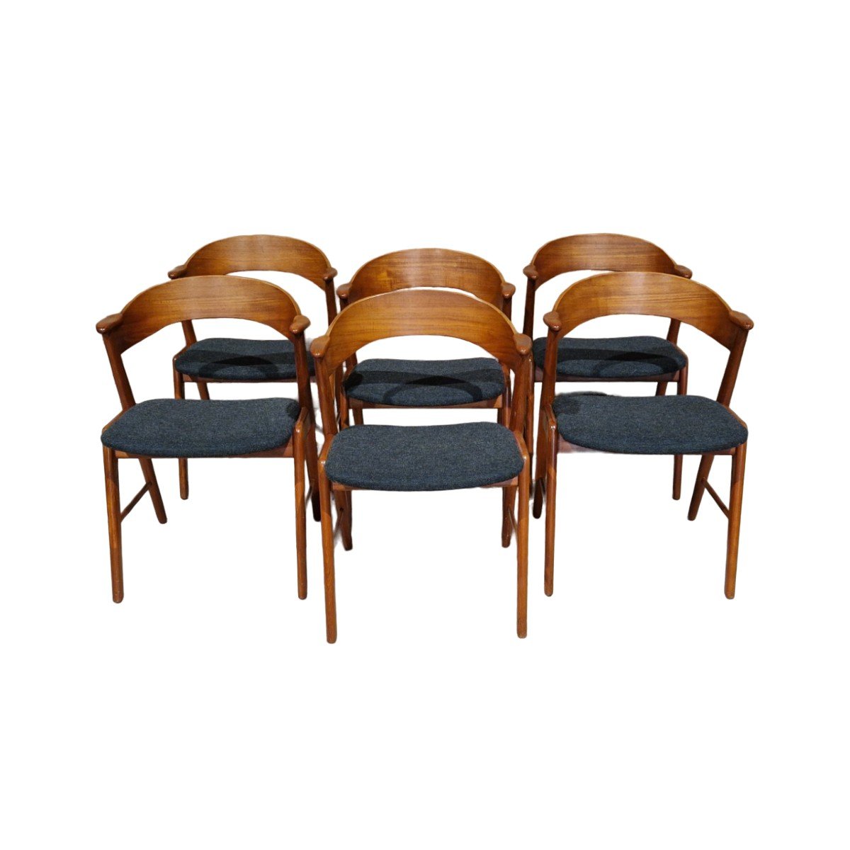 Series Of Six Vintage Scandinavian Teak Dining Room Armchairs, Korup Stole Fabrik