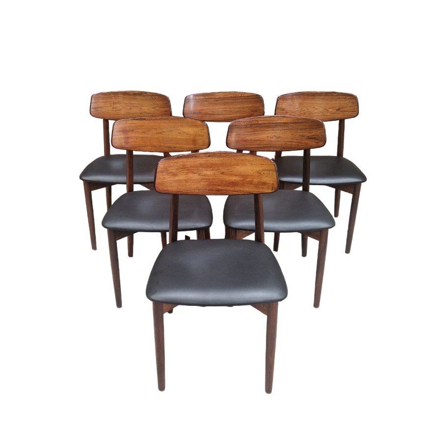 S&eacute;rie De Six Chaises Vintage Scandinaves  En Palissandre Et Cuir Noir, Harry Ostergaard-photo-1