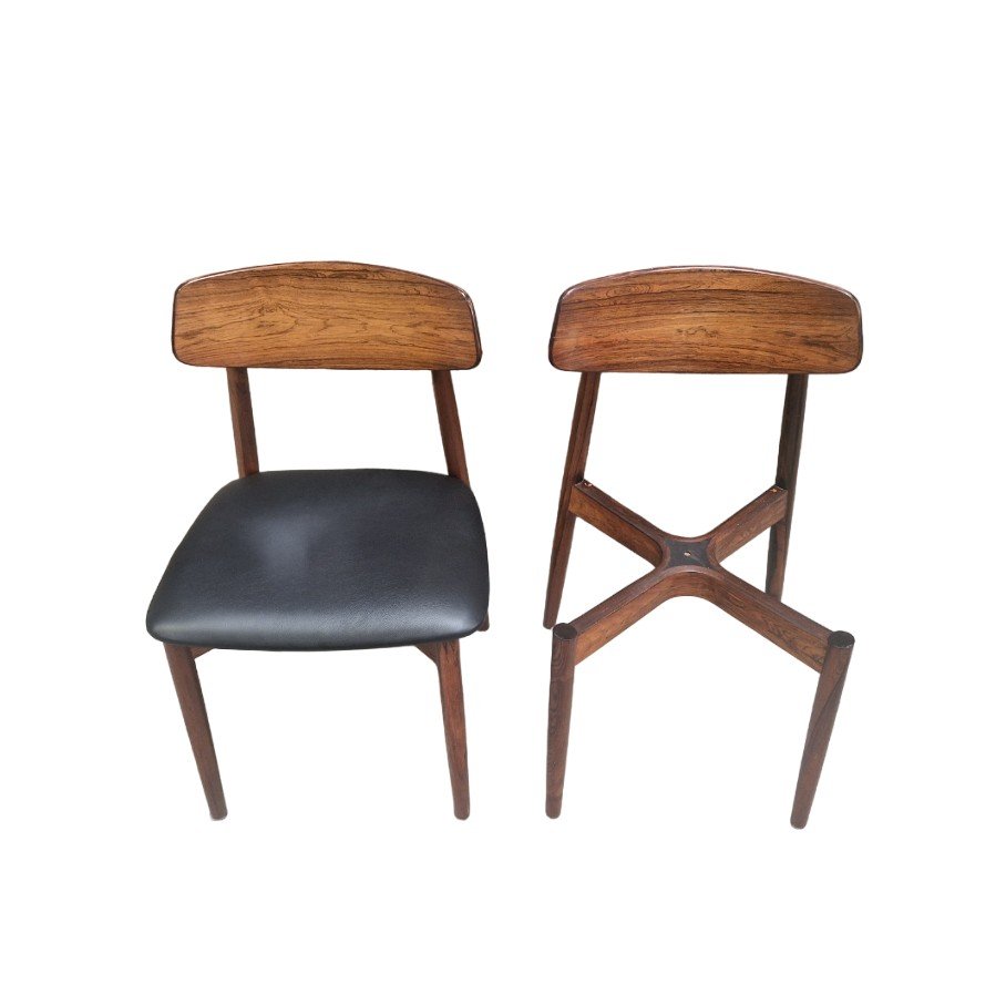 Series Of Six Vintage Scandinavian Chairs In Rosewood And Black Leather, Harry Ostergaard-photo-3