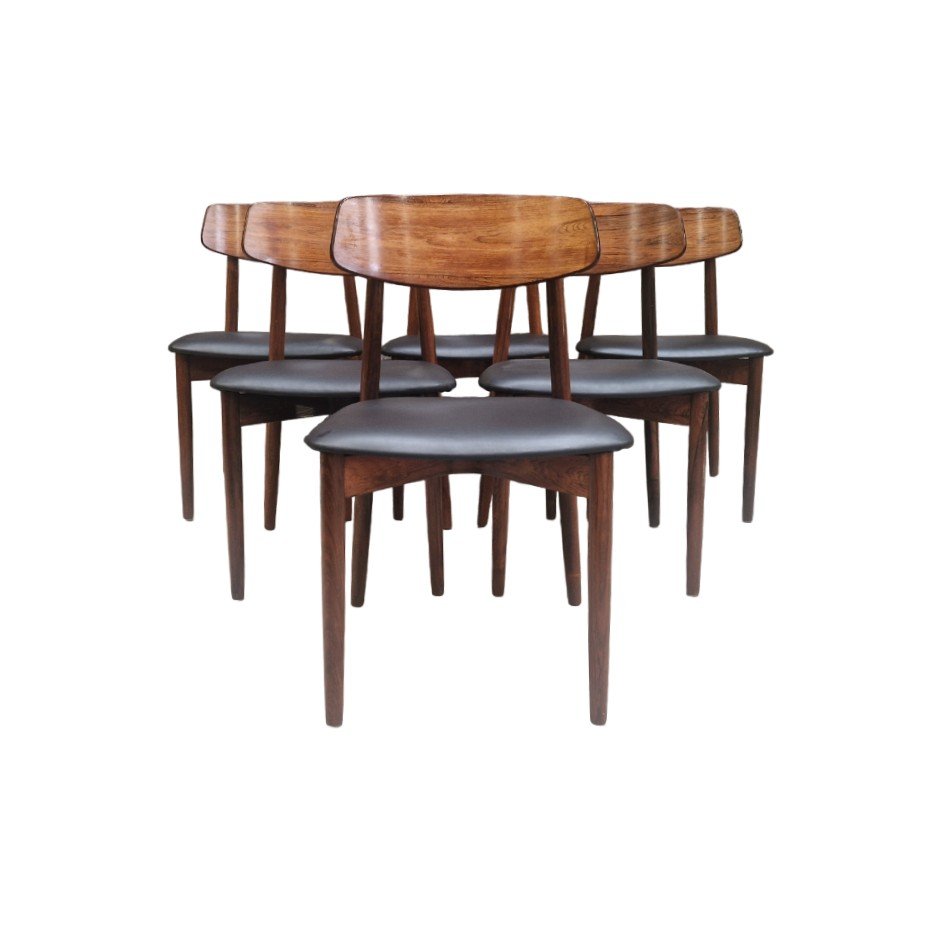 Series Of Six Vintage Scandinavian Chairs In Rosewood And Black Leather, Harry Ostergaard-photo-5