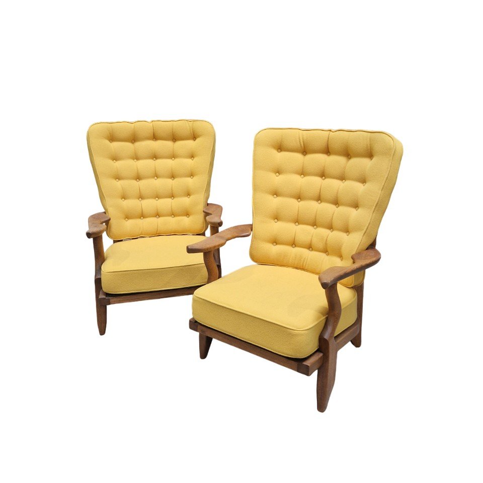 Pair Of "grand Repos" Armchairs In Solid Oak, Guillerme And Chambron