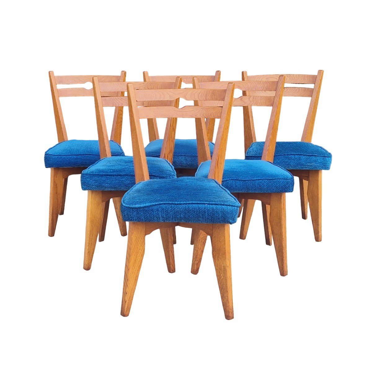 Series Of Six Vintage Chairs In Light Oak, Guillerme And Chambron