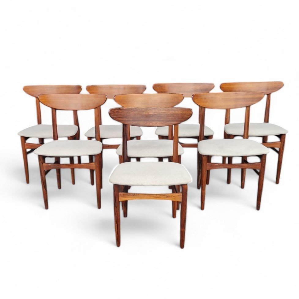 Set Of Eight Vintage Scandinavian Chairs In Rio Rosewood, Ew Bach