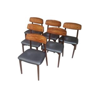 S&eacute;rie De Six Chaises Vintage Scandinaves  En Palissandre Et Cuir Noir, Harry Ostergaard