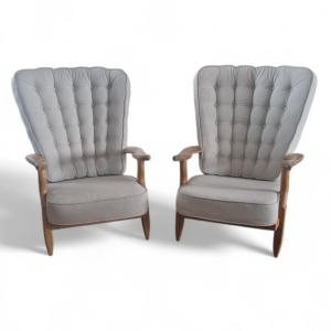 Pair Of Grand Repos Armchairs In Light Oak, Guillerme And Chambron