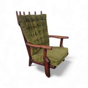 Vintage Grand Repos Armchair In Solid Oak, Guillerme Et Chambron