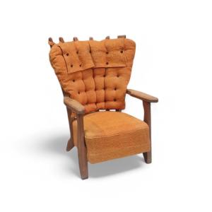 Large Armchair In Solid Oak, Guillerme And Chambron