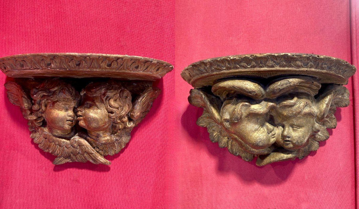 Two Gilded Wood Wall Consoles With Cherub Heads. 18th Century