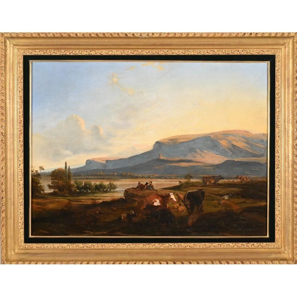 Lievre Auguste-françois. French School Of The 19th Century. “italianizing Landscape With Herd”