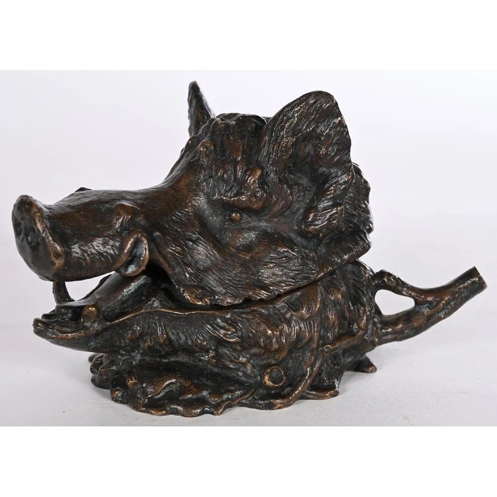 Fratin Christophe. (1801-1864). Bronze Inkwell Depicting A Boar's Head