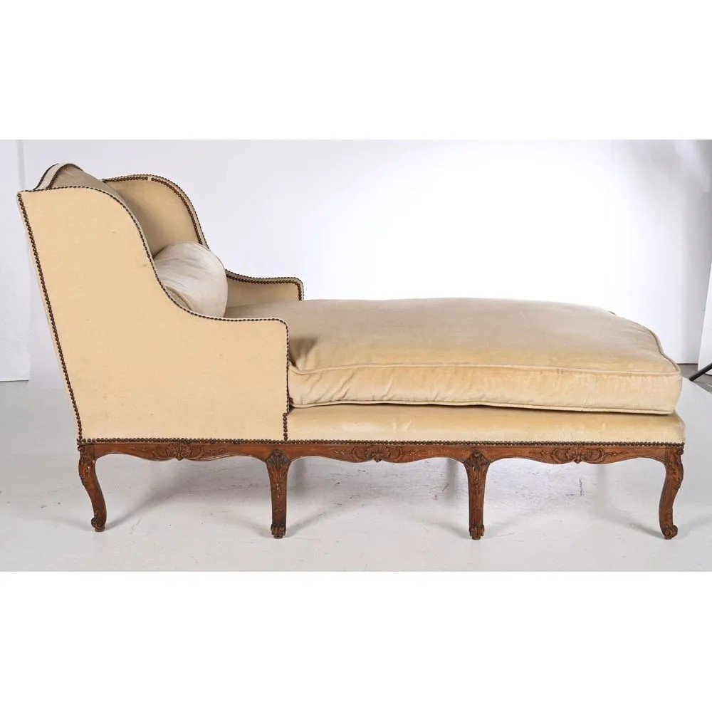 Louis XV Chaise Longue With Wings In Natural Wood With 8 Carved Scrolled Legs.-photo-2