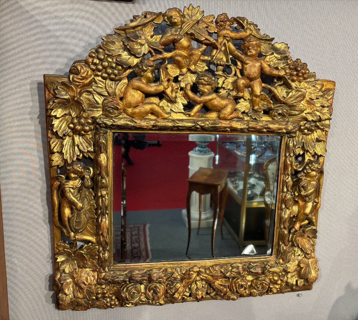 Gilded, Carved And Openwork Wooden Mirror With Musical Putti, 18th Century-photo-2