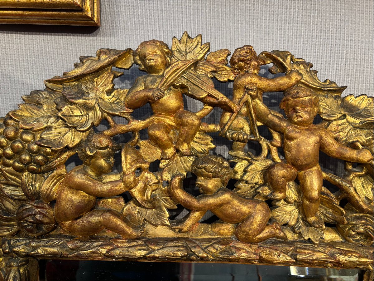 Miroir En Bois Doré, Sculpté Et Ajouré Aux Putti Musiciens Ep. XVIIIe-photo-3