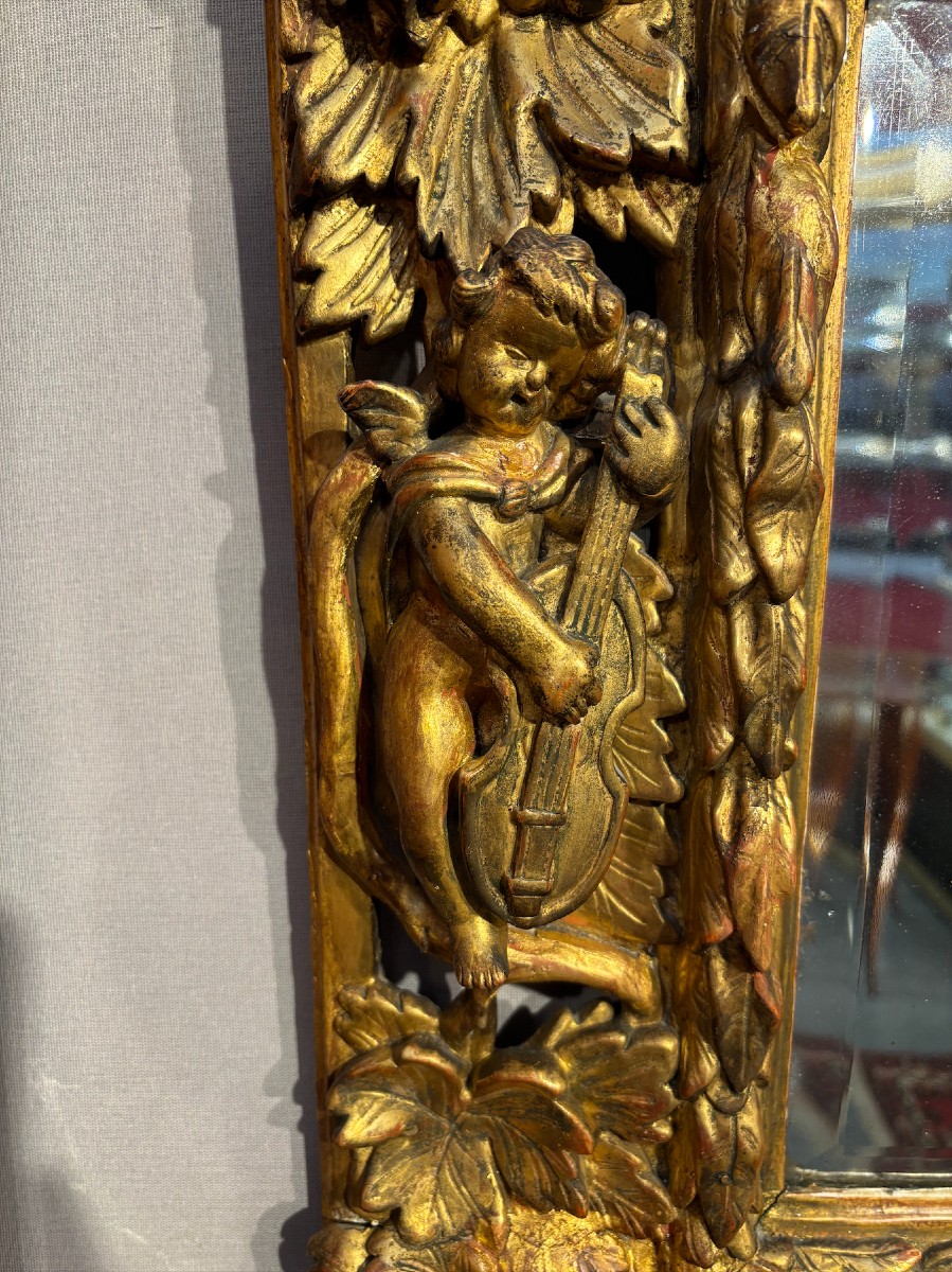 Gilded, Carved And Openwork Wooden Mirror With Musical Putti, 18th Century-photo-1