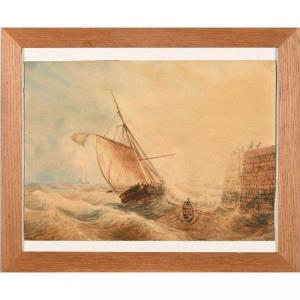 Gamin Louis. Peintre De La Marine. « Bateau Arrivant Au Port Dans Une Mer Agitée ».