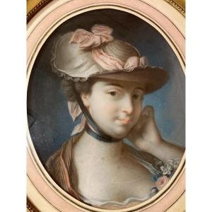 Portrait Of Young Woman In Hat - Follower Of Francois Boucher - 18th Century - Pastel
