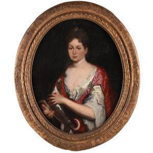 French School From The 18th Century. “portrait Of A Quality Lady And Her Dog”