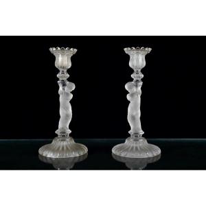 Bacarrat, Pair Of Crystal Candlesticks With Putti Decor