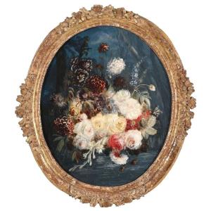 18th Century French School. “jetty Of Flowers On A Blue Background”