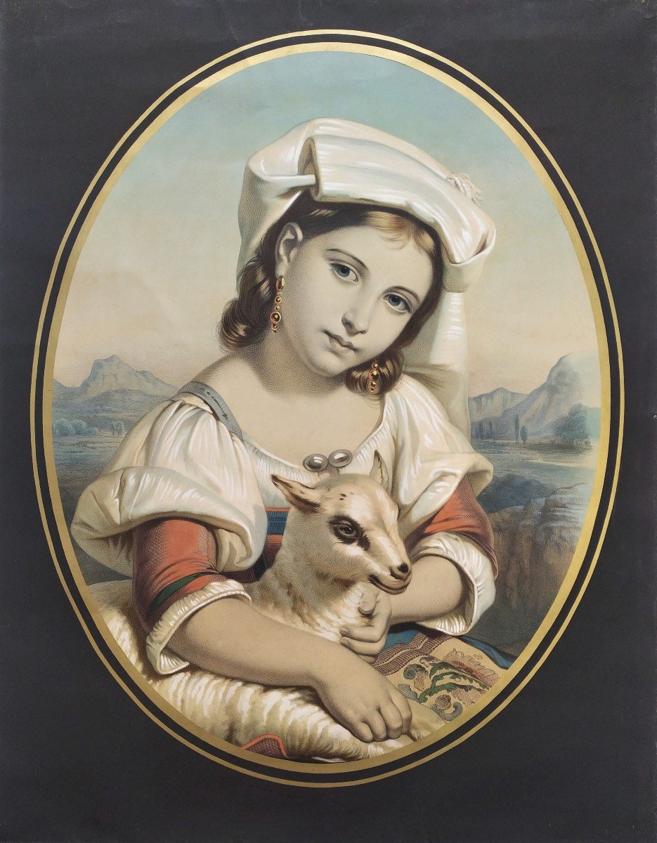 Young Italian Woman With A Lamb, XIXth Century Watercolor Lithograph-photo-2