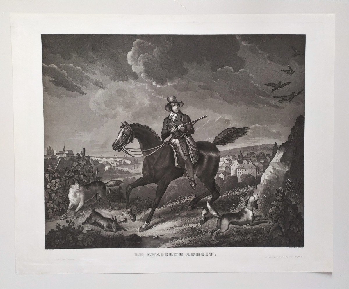 Gravure De Chasse Par Moreau Cheval Chien-photo-2