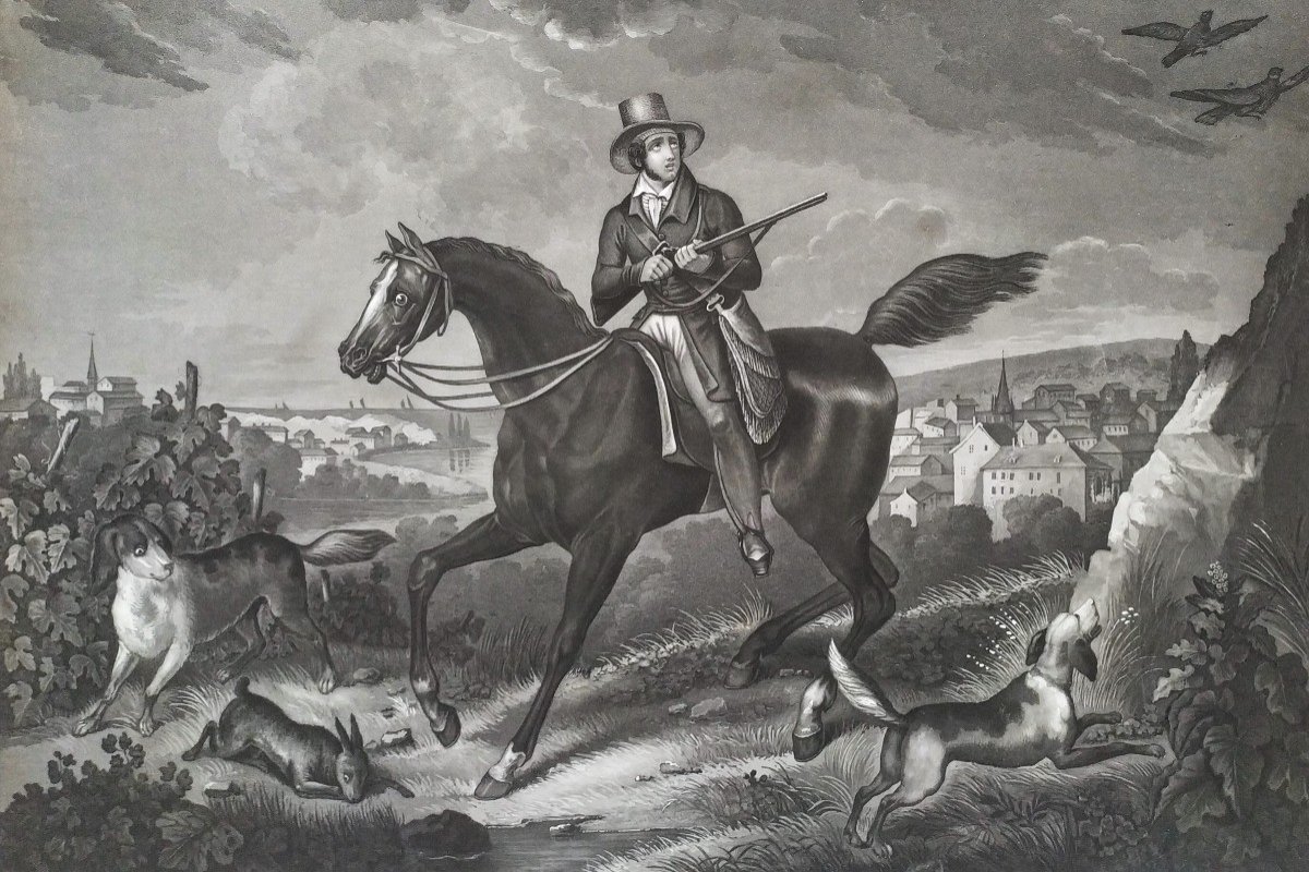 Hunting Engraving By Moreau Horse  And Dog-photo-3