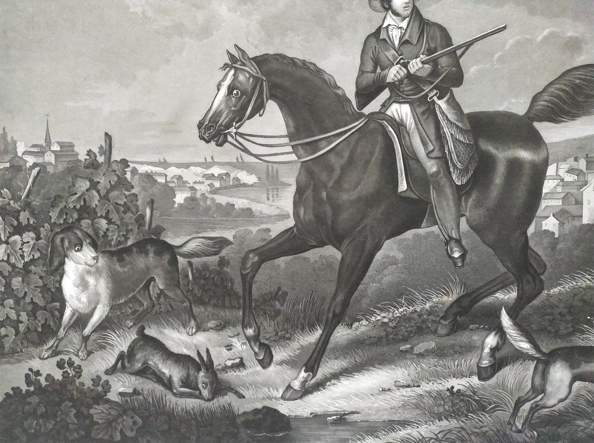 Gravure De Chasse Par Moreau Cheval Chien-photo-5