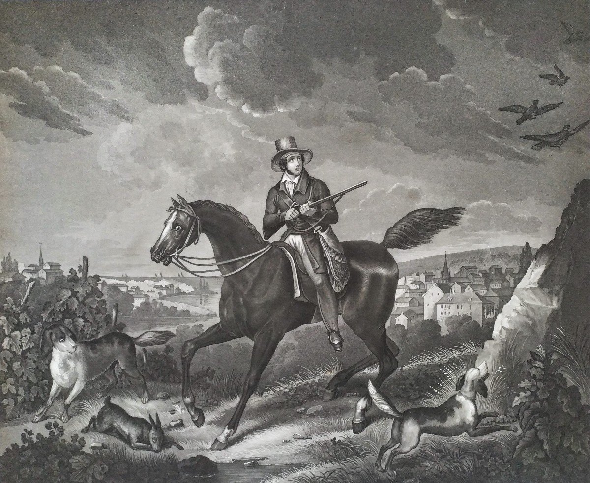 Hunting Engraving By Moreau Horse  And Dog