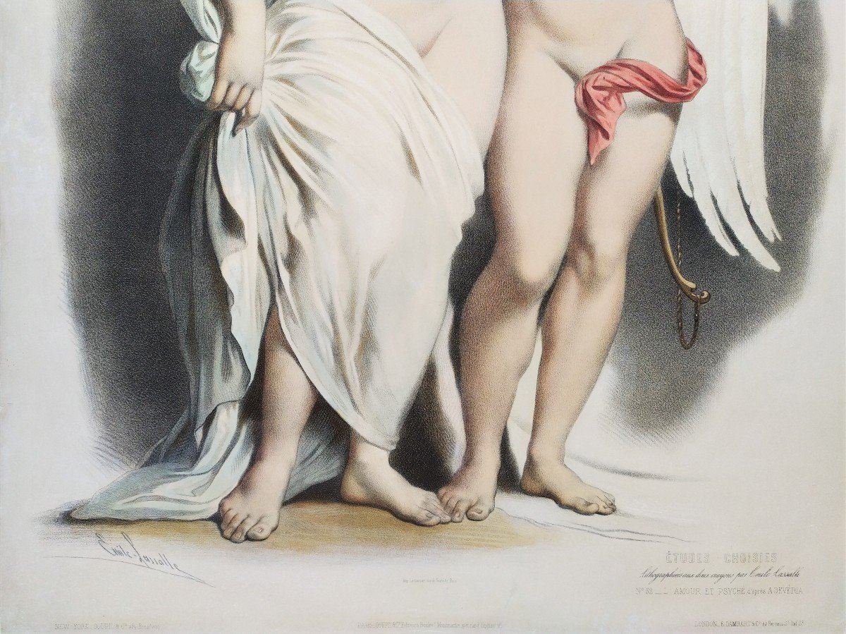 Amour Et Psyché   d'Après Achille Devéria Lithographie Aquarellée Par Emile Lassalle-photo-3