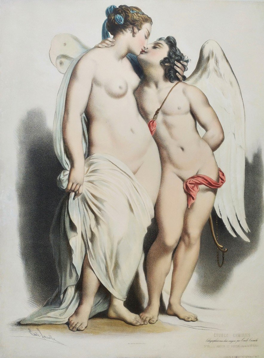 Amour Et Psyché   d'Après Achille Devéria Lithographie Aquarellée Par Emile Lassalle