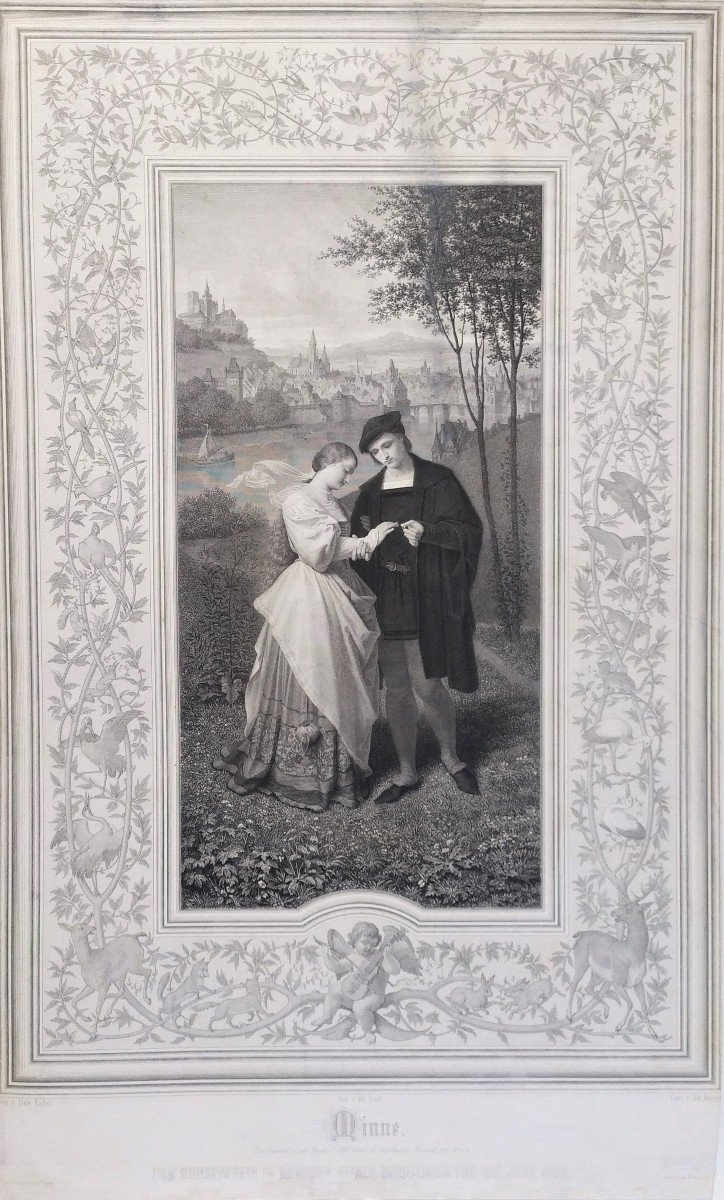 Gravure Romantique l'Anneau Des Fiançailles d'Après Ludwig Kachel-photo-3