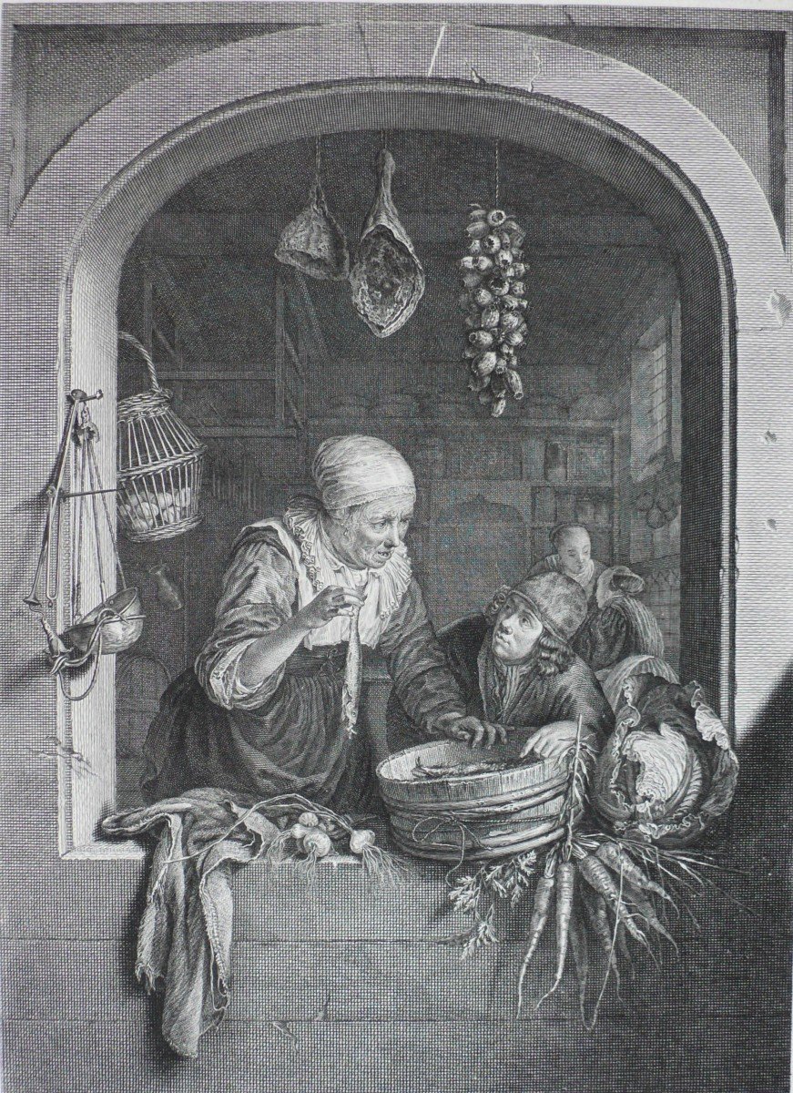  La Marchande Hollandaise Gravure 18ème d'Après Gerrit Dou-photo-3