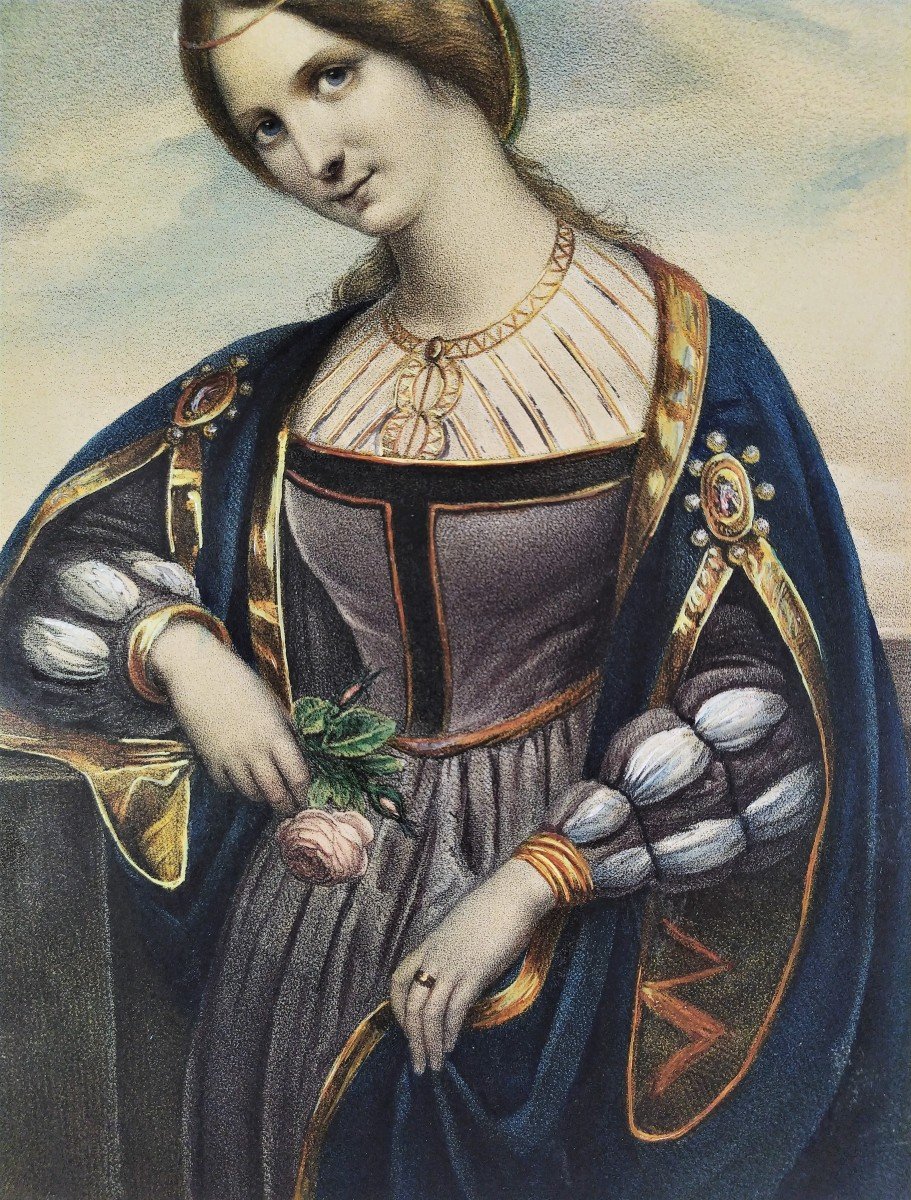 Watercolored Lithograph 19th Woman In Renaissance Costume-photo-1