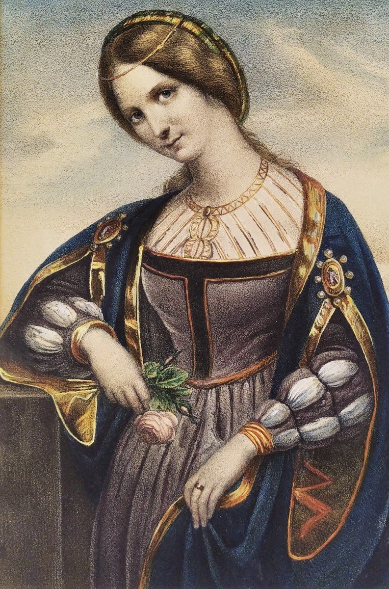 Watercolored Lithograph 19th Woman In Renaissance Costume-photo-2